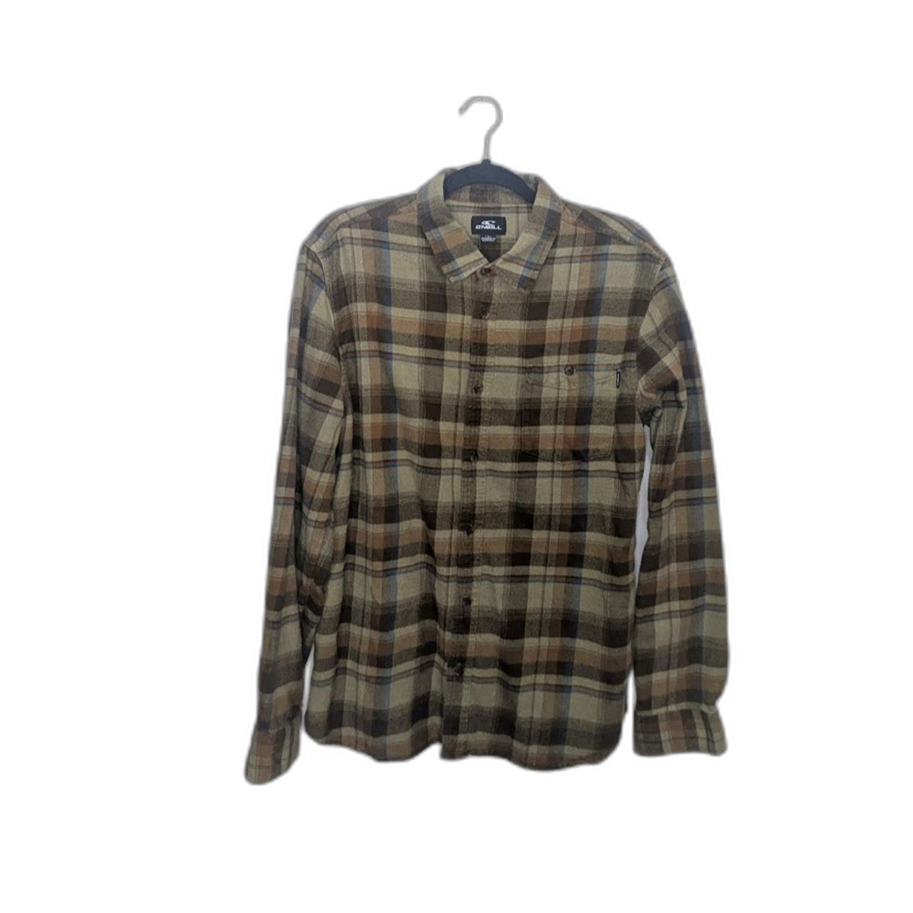 ONeill Men L Flannel Shirt Plaid Olive Brown Distressed L Cuff Tear Skate Grunge